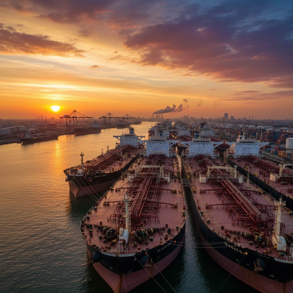 Fleet of tanker ships at deep water port